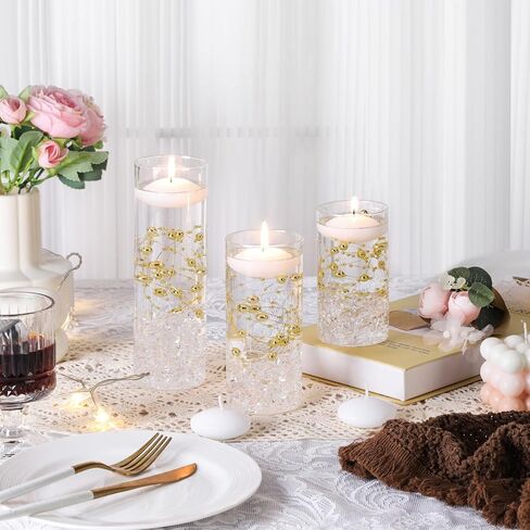 12 PCS Glass Vases for Centerpieces with 24 PCS Floating Candles 12 Pearl Strings and 400 Fake Ice Floating Candle Holder Cylinder Vases for Wedding Home Table Decorations in Kuwait