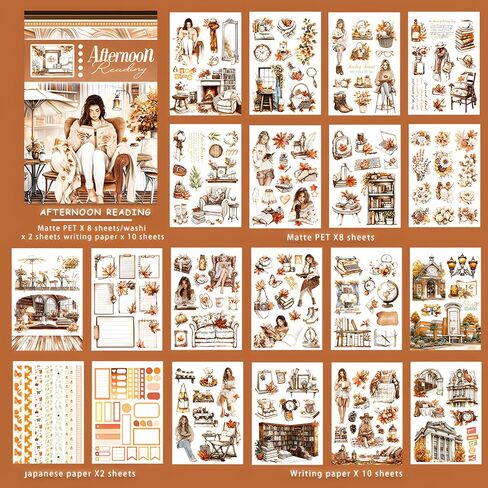 Snycler Afternoon Theme Sticker Scrapbooking Supplies for Junk Journal, 20 Sheets PET Stickers - Vintage Journaling Stickers, Ephemera Sticker Book Pre Cut, Junk Journal Supplies, Planner in Kuwait