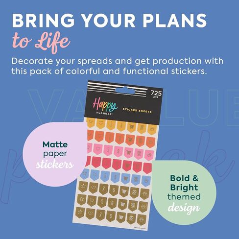 حزمة ملصقات Happy Planner 15 ورقة للتقويمات والمجلات والمخططين وملحقات سجل القصاصات والحجم الكلاسيكي و 725 ملصقات إجمالية وجريئة ومشرقة in Saudi Arabia