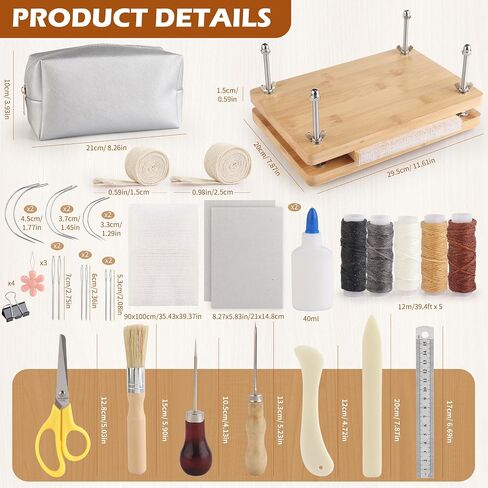 HEJIN 36 PCS Book Binding Kits, Bamboo Wood Book Press with Book Binding Glue, Awl, Plastic Bone Folder, Waxed Thread, Book Binding Materials for Beginners Bookbinding Supplies, 11.6 x 7.8 Inch in Saudi Arabia