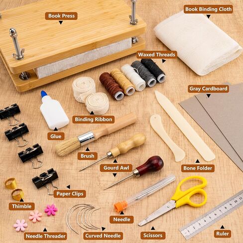 HEJIN 36 PCS Book Binding Kits, Bamboo Wood Book Press with Book Binding Glue, Awl, Plastic Bone Folder, Waxed Thread, Book Binding Materials for Beginners Bookbinding Supplies, 11.6 x 7.8 Inch in Saudi Arabia