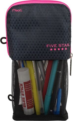 Five Star Pencil Pouch, Pen Case, Storage Organizer for School Supplies Earbuds Chargers Cables Makeup, Stand 'N Store, Fits 3 Ring Binder, Navy/Pink (505160B-ECM) in Saudi Arabia