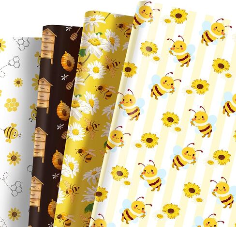 Jajajuegos 12 Sheets Bee Wrapping Paper Set - Yellow Black Bee Honeycomb Pattern - Gift Wrapping Paper for Winter Baby Shower, Birthday Party Decorations - 4 Designs, 20'' x 27'' in Saudi Arabia