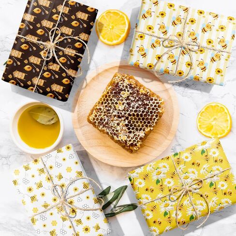 Jajajuegos 12 Sheets Bee Wrapping Paper Set - Yellow Black Bee Honeycomb Pattern - Gift Wrapping Paper for Winter Baby Shower, Birthday Party Decorations - 4 Designs, 20'' x 27'' in Saudi Arabia