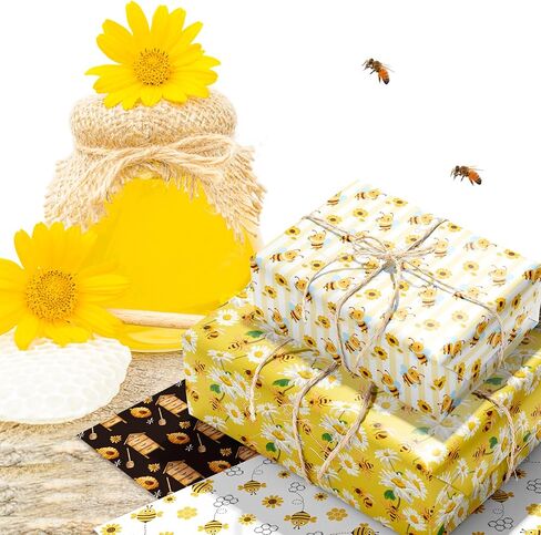 Jajajuegos 12 Sheets Bee Wrapping Paper Set - Yellow Black Bee Honeycomb Pattern - Gift Wrapping Paper for Winter Baby Shower, Birthday Party Decorations - 4 Designs, 20'' x 27'' in Saudi Arabia