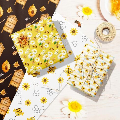 Jajajuegos 12 Sheets Bee Wrapping Paper Set - Yellow Black Bee Honeycomb Pattern - Gift Wrapping Paper for Winter Baby Shower, Birthday Party Decorations - 4 Designs, 20'' x 27'' in Saudi Arabia