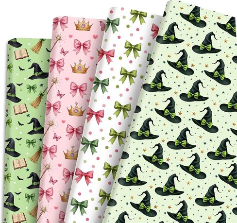 Pineraap 12 Sheets Witch Wrapping Paper, Pink and Green Gift Wrap - Watercolor Bow Crown Witch Hat Broom Print Gift Packing Paper for Girls Women Birthday Princess Themed Party, 19.7 x 27.6 Inch in Saudi Arabia