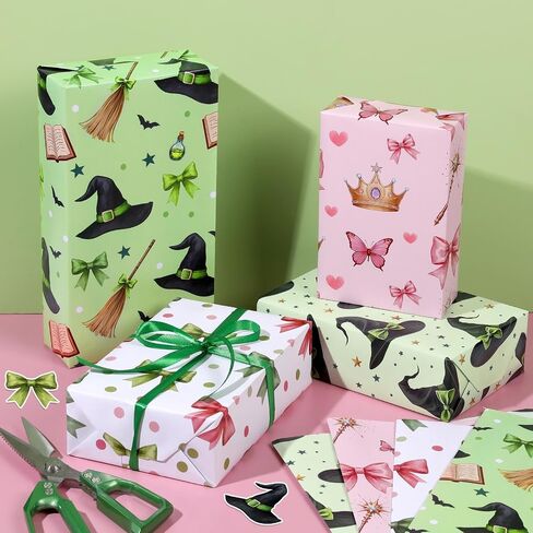 Pineraap 12 Sheets Witch Wrapping Paper, Pink and Green Gift Wrap - Watercolor Bow Crown Witch Hat Broom Print Gift Packing Paper for Girls Women Birthday Princess Themed Party, 19.7 x 27.6 Inch in Saudi Arabia