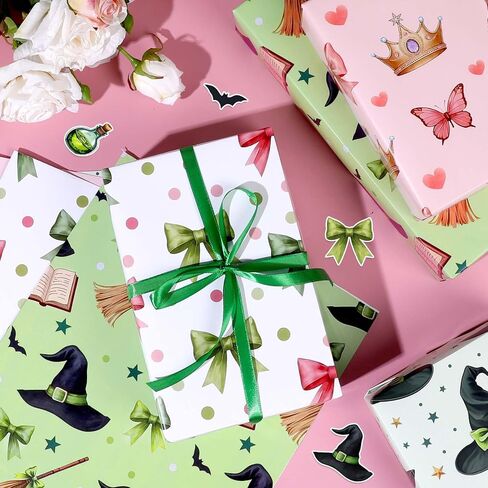 Pineraap 12 Sheets Witch Wrapping Paper, Pink and Green Gift Wrap - Watercolor Bow Crown Witch Hat Broom Print Gift Packing Paper for Girls Women Birthday Princess Themed Party, 19.7 x 27.6 Inch in Saudi Arabia