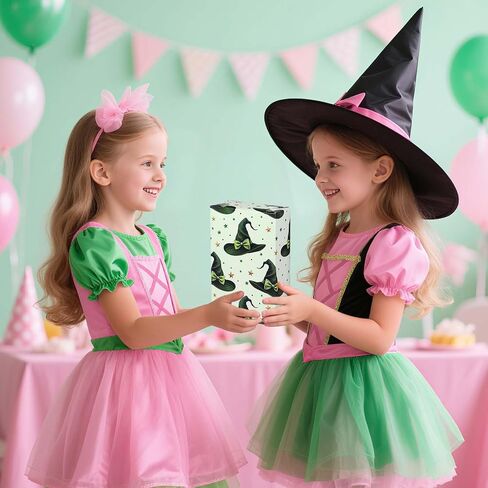 Pineraap 12 Sheets Witch Wrapping Paper, Pink and Green Gift Wrap - Watercolor Bow Crown Witch Hat Broom Print Gift Packing Paper for Girls Women Birthday Princess Themed Party, 19.7 x 27.6 Inch in Saudi Arabia