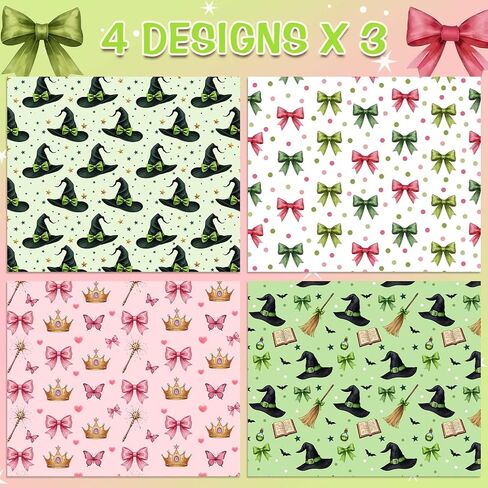 Pineraap 12 Sheets Witch Wrapping Paper, Pink and Green Gift Wrap - Watercolor Bow Crown Witch Hat Broom Print Gift Packing Paper for Girls Women Birthday Princess Themed Party, 19.7 x 27.6 Inch in Saudi Arabia
