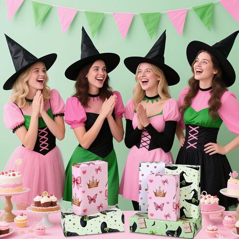 Pineraap 12 Sheets Witch Wrapping Paper, Pink and Green Gift Wrap - Watercolor Bow Crown Witch Hat Broom Print Gift Packing Paper for Girls Women Birthday Princess Themed Party, 19.7 x 27.6 Inch in Saudi Arabia