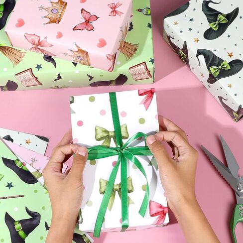 Pineraap 12 Sheets Witch Wrapping Paper, Pink and Green Gift Wrap - Watercolor Bow Crown Witch Hat Broom Print Gift Packing Paper for Girls Women Birthday Princess Themed Party, 19.7 x 27.6 Inch in Saudi Arabia