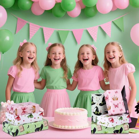 Pineraap 12 Sheets Witch Wrapping Paper, Pink and Green Gift Wrap - Watercolor Bow Crown Witch Hat Broom Print Gift Packing Paper for Girls Women Birthday Princess Themed Party, 19.7 x 27.6 Inch in Saudi Arabia