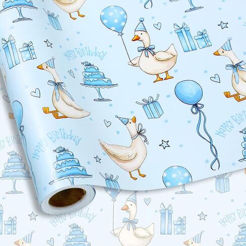 Whaline Silly Goose Birthday Wrapping Paper -Mini Roll- 17 In x 32.8 Ft Blue Goose Coquette Gift Wrap Paper for Holiday Birthday Baby Shower Party in Saudi Arabia
