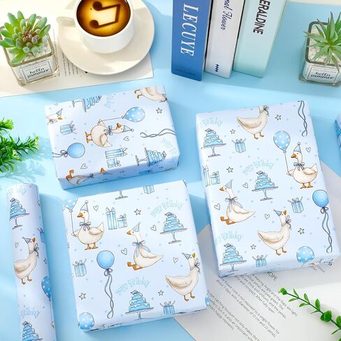 Whaline Silly Goose Birthday Wrapping Paper -Mini Roll- 17 In x 32.8 Ft Blue Goose Coquette Gift Wrap Paper for Holiday Birthday Baby Shower Party in Saudi Arabia