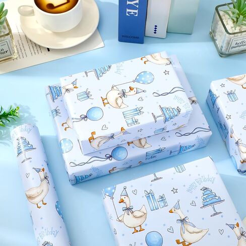Whaline Silly Goose Birthday Wrapping Paper -Mini Roll- 17 In x 32.8 Ft Blue Goose Coquette Gift Wrap Paper for Holiday Birthday Baby Shower Party in Saudi Arabia