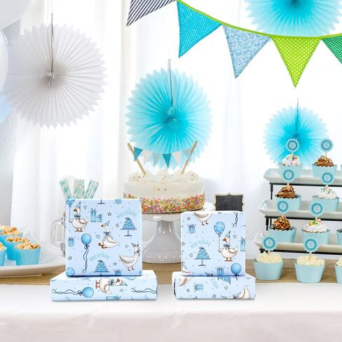 Whaline Silly Goose Birthday Wrapping Paper -Mini Roll- 17 In x 32.8 Ft Blue Goose Coquette Gift Wrap Paper for Holiday Birthday Baby Shower Party in Saudi Arabia