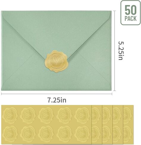 50 PCS Sage Green A7 Envelopes with Stickers, 5x7 Envelopes for Greeting Cards, Great for Invitations, Wedding Invitation, Birthday, Baby Shower, Graduation in Kuwait
