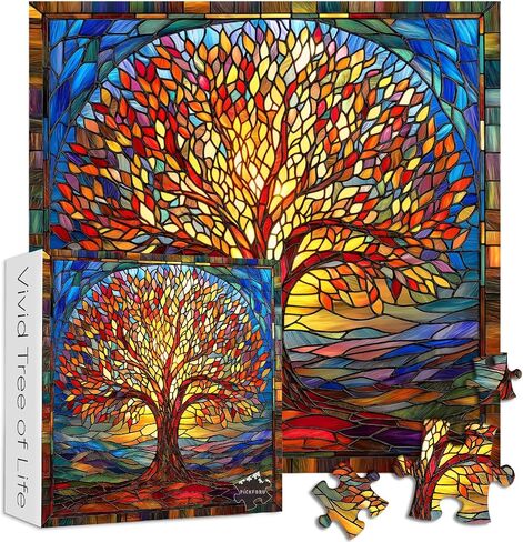 Mosaic Tree of Life Jigsaw Buzzles 1000 قطعة ، بيكفورو ألغاز زجاجية ملونة للبالغين ، موضوع فن النبات الصلب المستحيل ، والتحدي للبالغين in Saudi Arabia