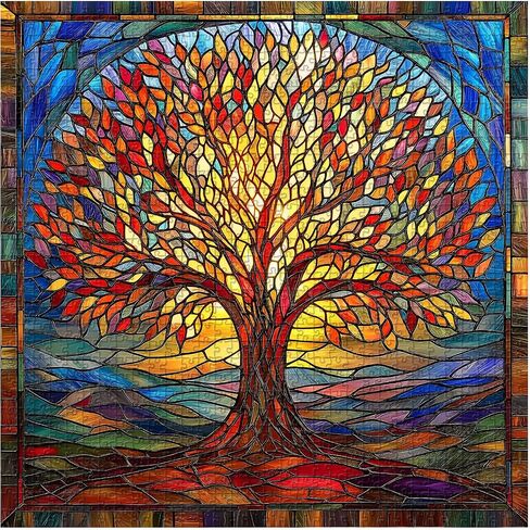 Mosaic Tree of Life Jigsaw Buzzles 1000 قطعة ، بيكفورو ألغاز زجاجية ملونة للبالغين ، موضوع فن النبات الصلب المستحيل ، والتحدي للبالغين in Saudi Arabia