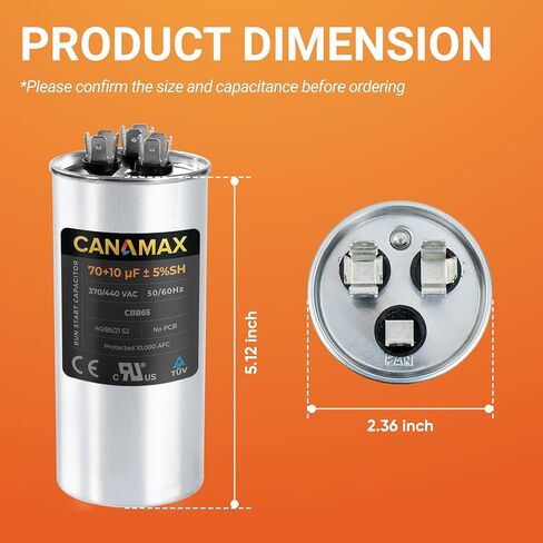 Canamax Premium 5uF mfd ±5% 370-440VAC مكثف تشغيل بيضاوي - مناسب تمامًا لتشغيل محرك التيار المتردد أو تشغيل المروحة ومكيف الهواء البارد أو المضخة الحرارية - يستبدل 97F5705 Z97F5705 97F95702 Z97F5702 in Kuwait