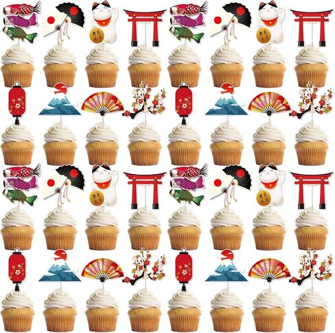 Hibachi عيد ميلاد ديكورات حفلة - 40 جهاز كمبيوتر الشخصي على الطراز الياباني كب كيك أعلى كب كيك الكعك ديكور الحلوى مع Koinobori البرقوق القابلة للطي الفوانيس الفوانيس الآسيوية تحت عنوان اللوازم in Kuwait