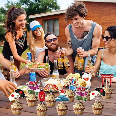 Hibachi عيد ميلاد ديكورات حفلة - 40 جهاز كمبيوتر الشخصي على الطراز الياباني كب كيك أعلى كب كيك الكعك ديكور الحلوى مع Koinobori البرقوق القابلة للطي الفوانيس الفوانيس الآسيوية تحت عنوان اللوازم in Kuwait