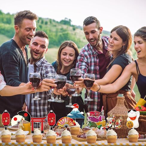 Hibachi عيد ميلاد ديكورات حفلة - 40 جهاز كمبيوتر الشخصي على الطراز الياباني كب كيك أعلى كب كيك الكعك ديكور الحلوى مع Koinobori البرقوق القابلة للطي الفوانيس الفوانيس الآسيوية تحت عنوان اللوازم in Kuwait