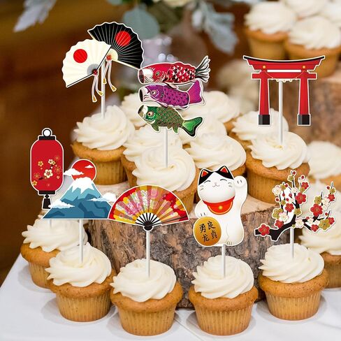 Hibachi عيد ميلاد ديكورات حفلة - 40 جهاز كمبيوتر الشخصي على الطراز الياباني كب كيك أعلى كب كيك الكعك ديكور الحلوى مع Koinobori البرقوق القابلة للطي الفوانيس الفوانيس الآسيوية تحت عنوان اللوازم in Kuwait