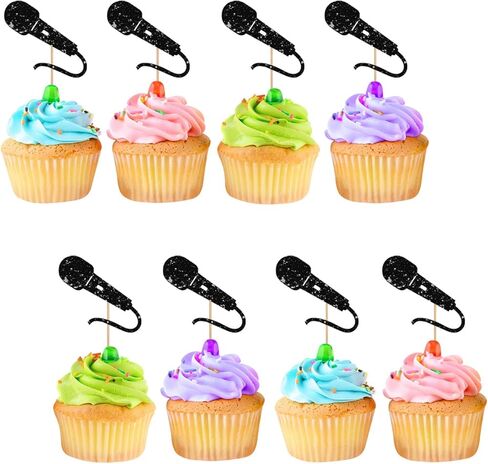 24pcs microphone cupcake toppers ، و sing microphone sign cupcake toppers ، و decorations black glitter cake for rock & roll/pop music them in Saudi Arabia