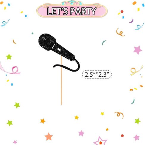 24pcs microphone cupcake toppers ، و sing microphone sign cupcake toppers ، و decorations black glitter cake for rock & roll/pop music them in Saudi Arabia