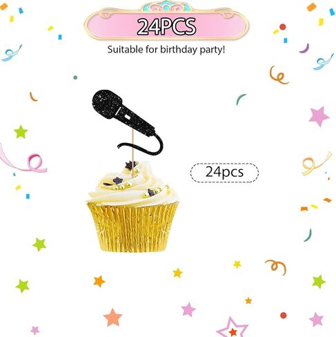 24pcs microphone cupcake toppers ، و sing microphone sign cupcake toppers ، و decorations black glitter cake for rock & roll/pop music them in Saudi Arabia