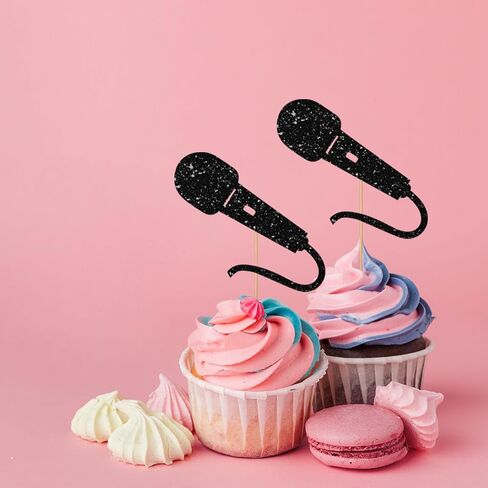 24pcs microphone cupcake toppers ، و sing microphone sign cupcake toppers ، و decorations black glitter cake for rock & roll/pop music them in Saudi Arabia
