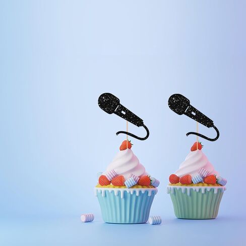 24pcs microphone cupcake toppers ، و sing microphone sign cupcake toppers ، و decorations black glitter cake for rock & roll/pop music them in Saudi Arabia