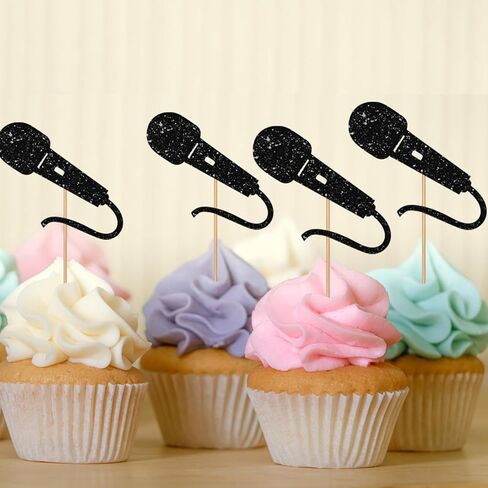 24pcs microphone cupcake toppers ، و sing microphone sign cupcake toppers ، و decorations black glitter cake for rock & roll/pop music them in Saudi Arabia