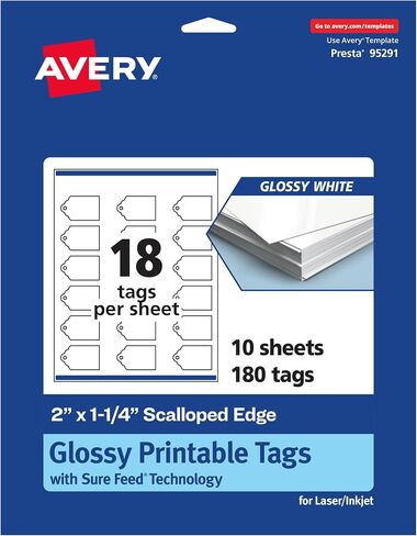 Avery Printable Rectangle Scalloped Tags with Sure Feed Technology, 2" x 1-1/4", Glossy White Cardstock, Print-to-The-Edge, Laser/Inkjet, 180 Total, Great for Custom Gift Tags and Branding Tags in Saudi Arabia
