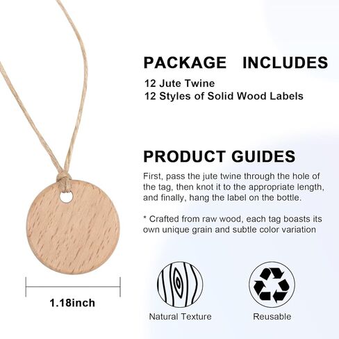 تسميات خشبية مصنوعة يدويًا لعلامات الزجاجات ، علامات هدية فارغة قابلة للكتابة متعددة الوظائف DIY علامات خشبية غير مكتملة مع خيوط الجوت لتخزين المطبخ ديكور النبيذ تنظيم زجاجات الصابون (12 حزمة) in Kuwait