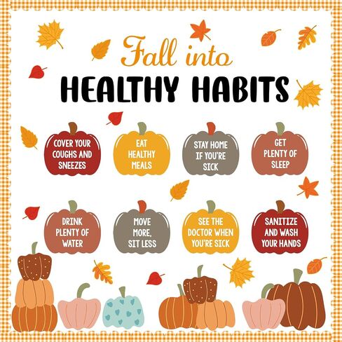 Honoson Large Fall Bulletin Board Decoration Fall Into Healthy Habits Bulletin Board Decor Autumn Pumpkin Leaves Shape Paper Cutouts for Office School Nurse Pediatric Clinic Health Room Supplies in Saudi Arabia
