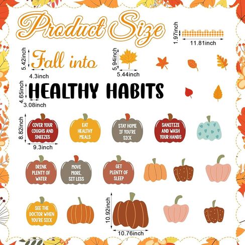 Honoson Large Fall Bulletin Board Decoration Fall Into Healthy Habits Bulletin Board Decor Autumn Pumpkin Leaves Shape Paper Cutouts for Office School Nurse Pediatric Clinic Health Room Supplies in Saudi Arabia