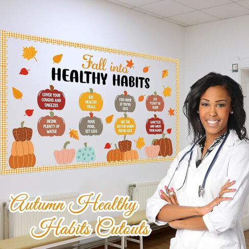 Honoson Large Fall Bulletin Board Decoration Fall Into Healthy Habits Bulletin Board Decor Autumn Pumpkin Leaves Shape Paper Cutouts for Office School Nurse Pediatric Clinic Health Room Supplies in Saudi Arabia