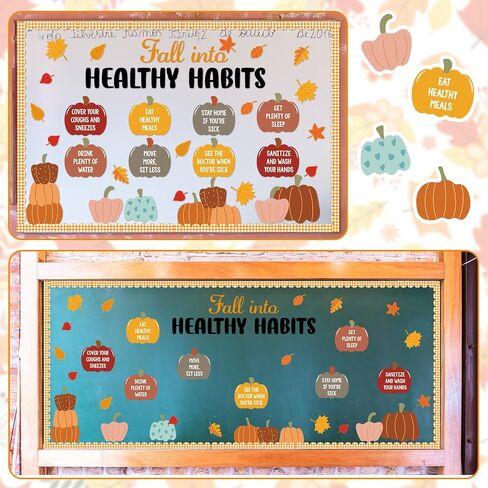 Honoson Large Fall Bulletin Board Decoration Fall Into Healthy Habits Bulletin Board Decor Autumn Pumpkin Leaves Shape Paper Cutouts for Office School Nurse Pediatric Clinic Health Room Supplies in Saudi Arabia