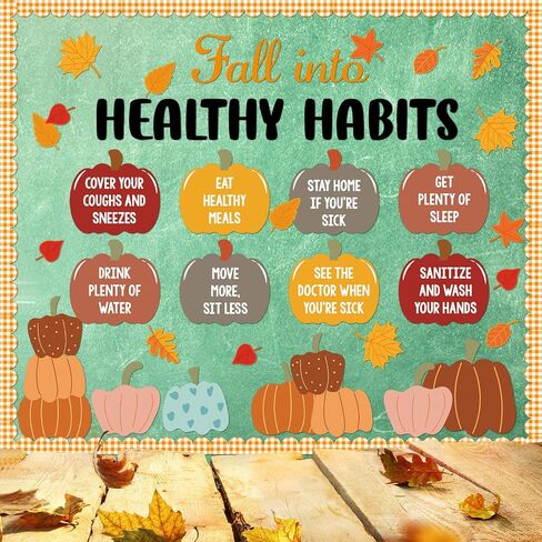 Honoson Large Fall Bulletin Board Decoration Fall Into Healthy Habits Bulletin Board Decor Autumn Pumpkin Leaves Shape Paper Cutouts for Office School Nurse Pediatric Clinic Health Room Supplies in Saudi Arabia