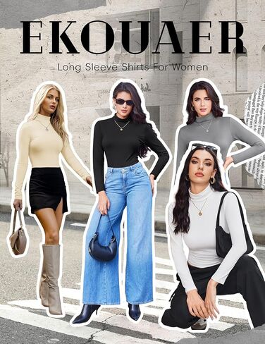 Ekouaer قمصان نسائية بأكمام طويلة وياقة مدورة قابلة للتمدد، ملابس داخلية حرارية عصرية، أسود/أزرق كحلي M in Saudi Arabia
