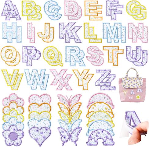 72 PCS Ploral Letter Patches Patchs Self Reshersive Stices Stembered Stick on Letters for Girls ، تشمل 52 ملصقات أحرف A-Z ، 20 قوس قوس قزح بويك على بقع لقرع الظهر القبعات in Kuwait