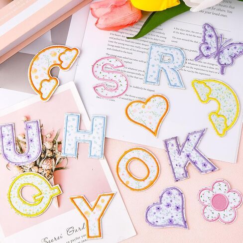 72 PCS Ploral Letter Patches Patchs Self Reshersive Stices Stembered Stick on Letters for Girls ، تشمل 52 ملصقات أحرف A-Z ، 20 قوس قوس قزح بويك على بقع لقرع الظهر القبعات in Kuwait