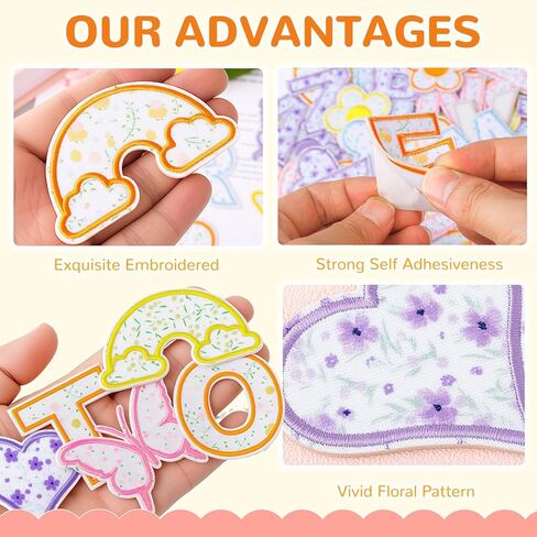 72 PCS Ploral Letter Patches Patchs Self Reshersive Stices Stembered Stick on Letters for Girls ، تشمل 52 ملصقات أحرف A-Z ، 20 قوس قوس قزح بويك على بقع لقرع الظهر القبعات in Kuwait