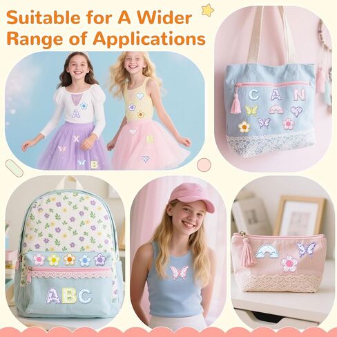 72 PCS Ploral Letter Patches Patchs Self Reshersive Stices Stembered Stick on Letters for Girls ، تشمل 52 ملصقات أحرف A-Z ، 20 قوس قوس قزح بويك على بقع لقرع الظهر القبعات in Kuwait