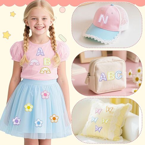72 PCS Ploral Letter Patches Patchs Self Reshersive Stices Stembered Stick on Letters for Girls ، تشمل 52 ملصقات أحرف A-Z ، 20 قوس قوس قزح بويك على بقع لقرع الظهر القبعات in Kuwait