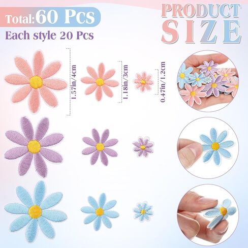 Lyrow 60 Pcs 3 Sizes Daisy Flower Iron on Patches Cute Colorful Flower Embroidered Sew on Applique Patches for Bags Hats Backpacks Shoes T-Shirt Clothes DIY Accessories(Beige, Light Pink, Pink) in Saudi Arabia